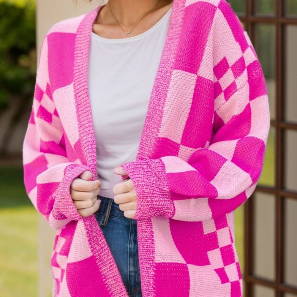 Checkered Open Front Long Sleeve Cardigan